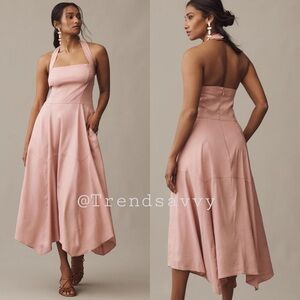 Anthropologie Linen Halter Midi Dress Mauve Wedding Guest Petite LP NWT Pink